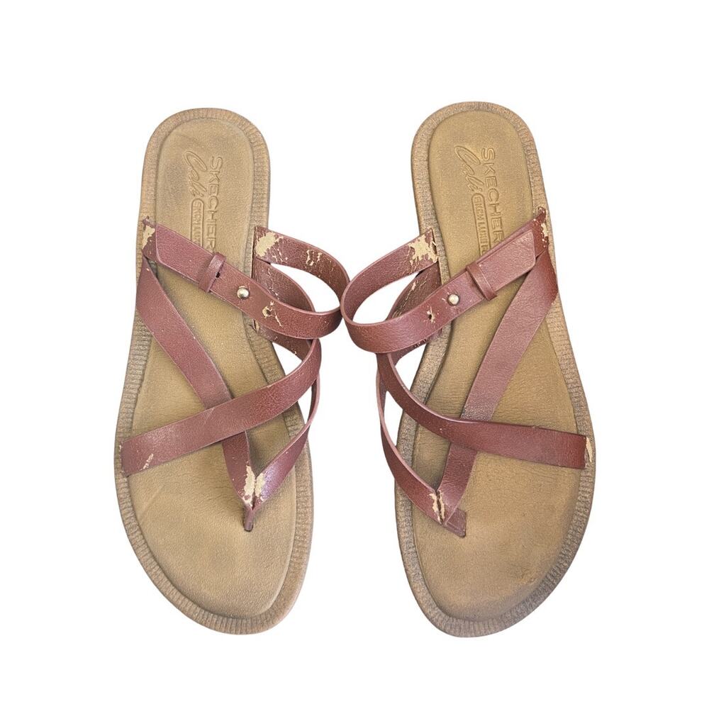 Skechers Cali Thong Brown Leather Women Strappy sandals Skch Luxe Foam Flaw